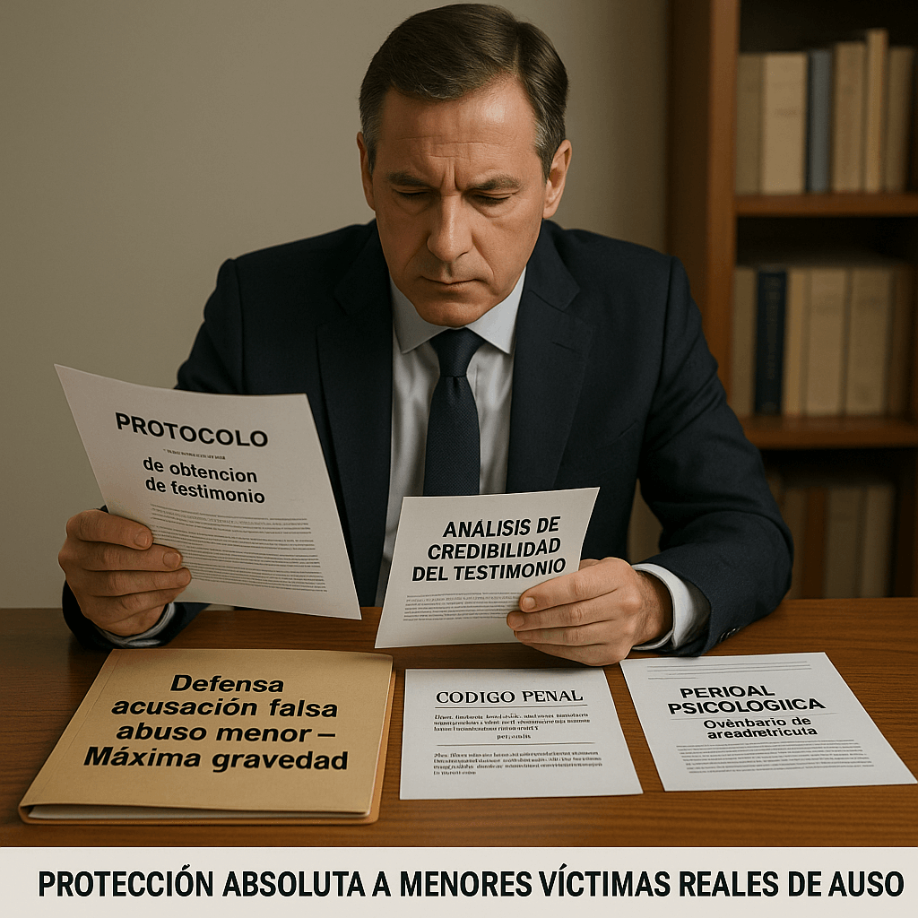 Abogado especializado analizando protocolo de credibilidad testimonial en defensa ante acusación falsa de abuso infantil con máxima seriedad y respeto a menores víctimas reales