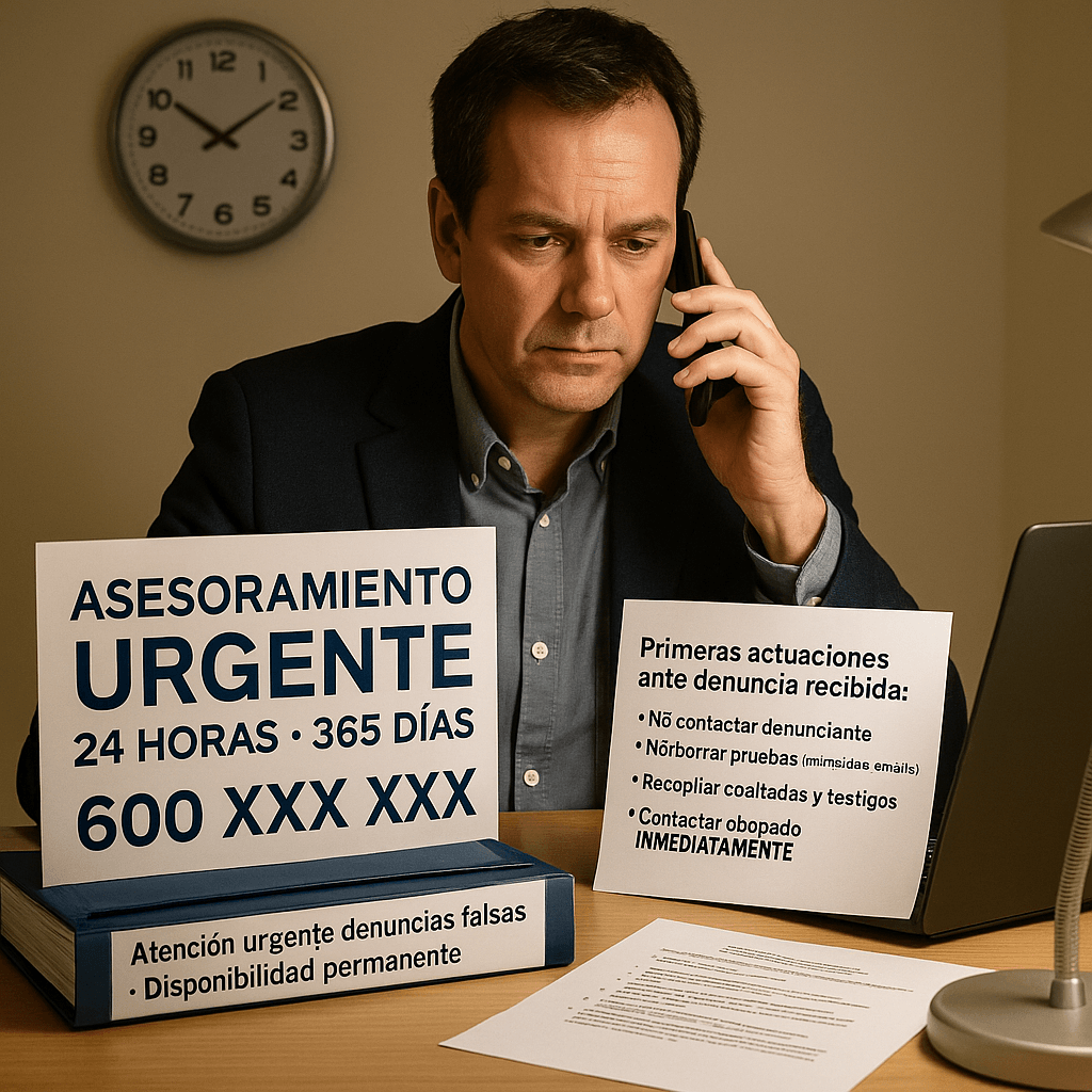 Abogado especialista en denuncias falsas disponible 24 horas atendiendo llamada urgente en horario nocturno, asesoramiento inmediato en emergencia legal
