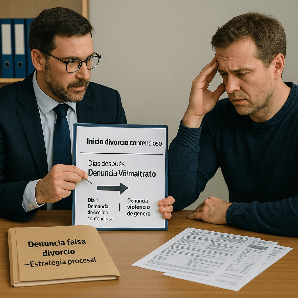 Abogado analizando cronología temporal que revela denuncia falsa estratégica en proceso de divorcio contencioso con fines procesales
