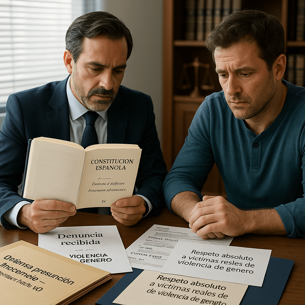 Abogado defensor garantizando presunción de inocencia de acusado falsamente de violencia de género, Constitución Española sobre derecho a defensa con máximo respeto a víctimas reales